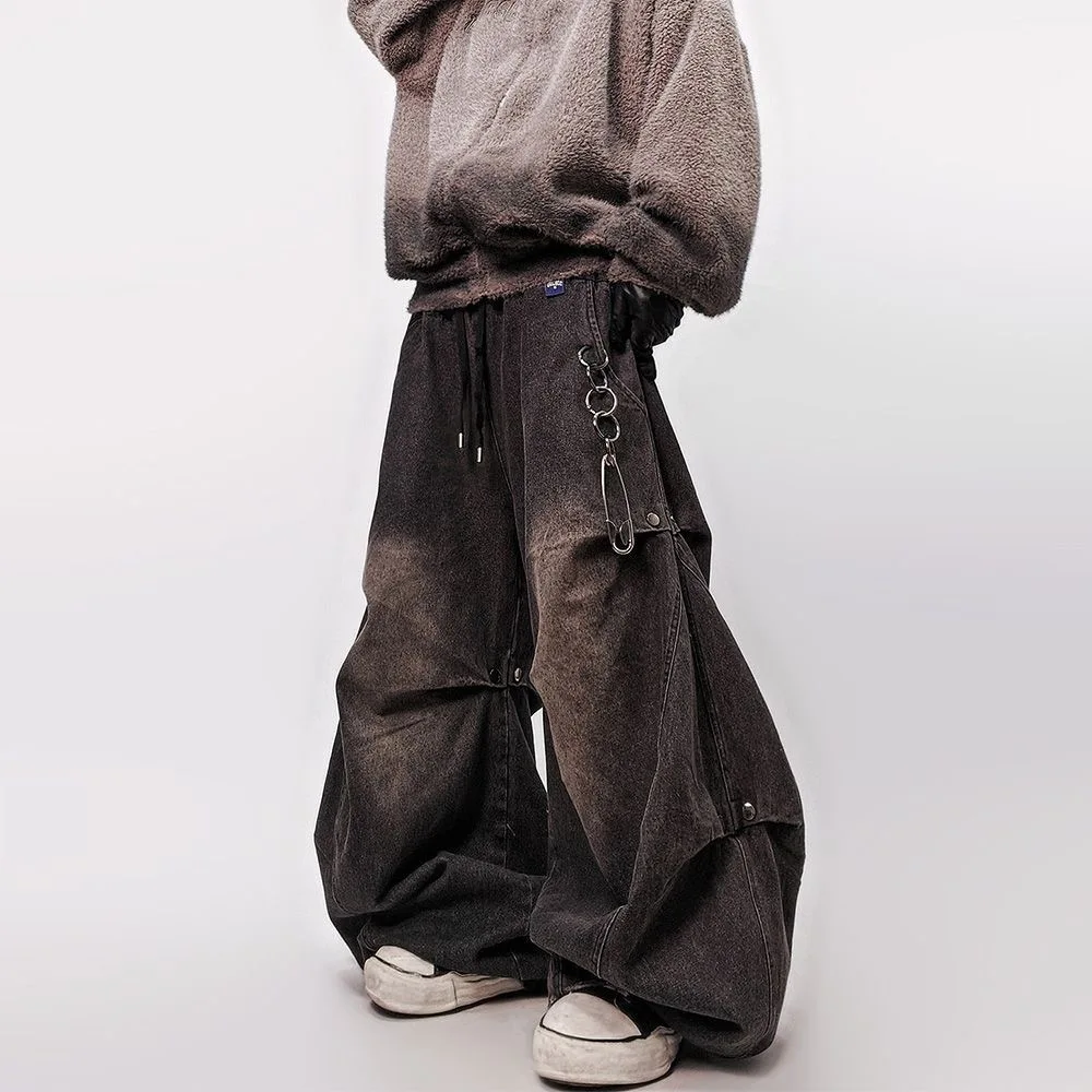 ARENS 2026 New Original Streetwear Denim Baggy Elastic Waist Wide Leg Casual Jeans Men Fashion Handsome High Quality Trousers