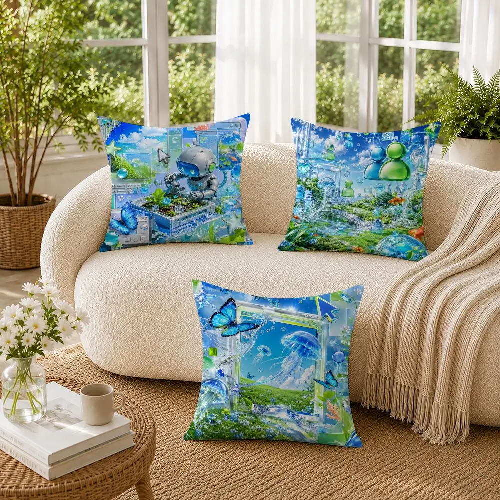 Frutiger Aero Art Cushion Cover Double-Sided Plush Sofa Cushion Covers Organic Breathable Invisible Zipper