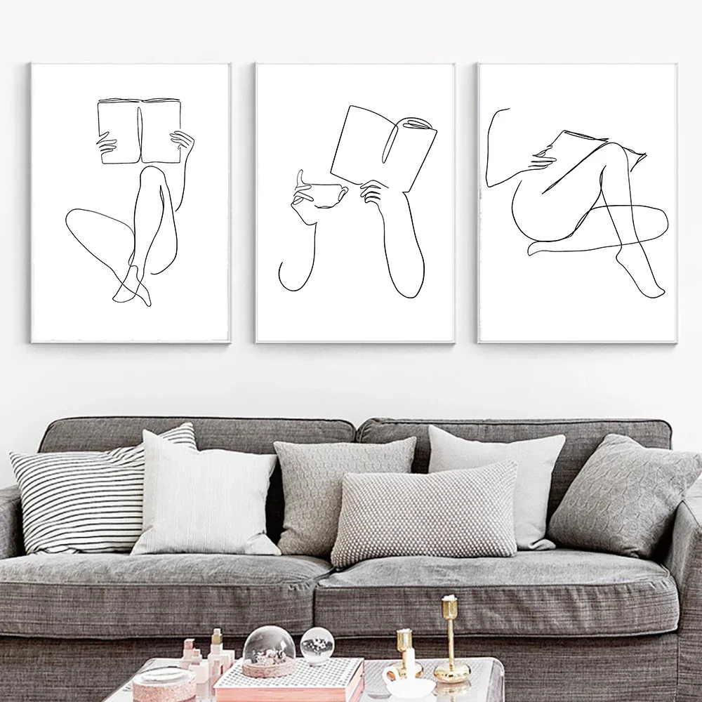 Coffee Art Print Abstract Woman Hands Book Line Drawing Canvas Painting Bookish Poster Bookstore Wall Art Picture Coffee Deco