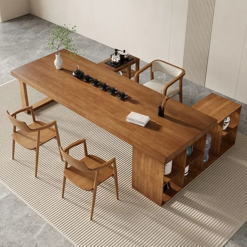 Tea table Small household balcony New Chinese style solid wood tea Large board tea making cabinet  table One-piece combinatio