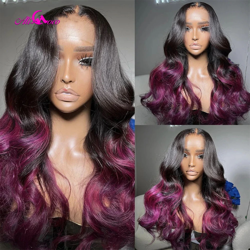 

Ombre Purple Body Wave Human Hair Wigs 13x4 13x6 Lace Frontal Wig Pre Plucked Transparent 5x5 Lace Closure Wigs For Women