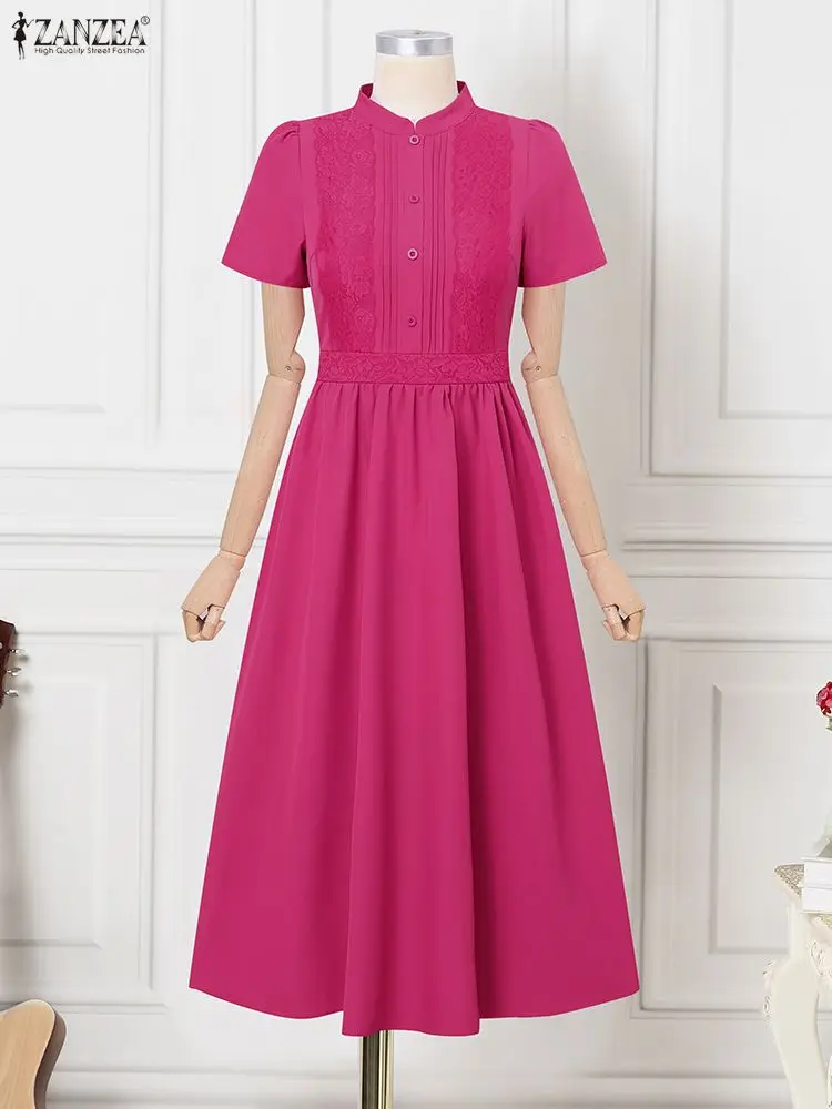 

ZANZEA Women Elegant Party Maxi Dress Short Sleeve Long Shirt Vestidos 2025 Summer Button Pleated Casual Lace Solid Holiday Robe