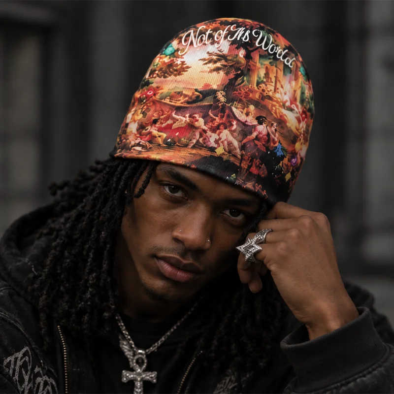 2026 Autumn Knit Beanie for Men Women Vintage Renaissance Oil Painting Full Print Elastic Slouchy Hip Hop Streetwear Knitted Hat
