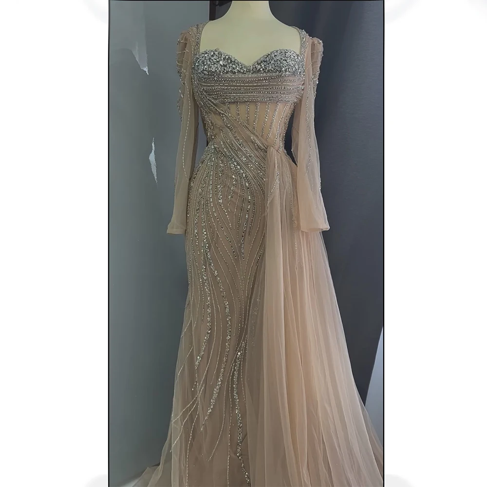 Serene Hill Customized 2025 Saudi Nude Beaded Crystal Arabic Evening Dresses Gowns with Overskirt for Formal Occasion LA72812