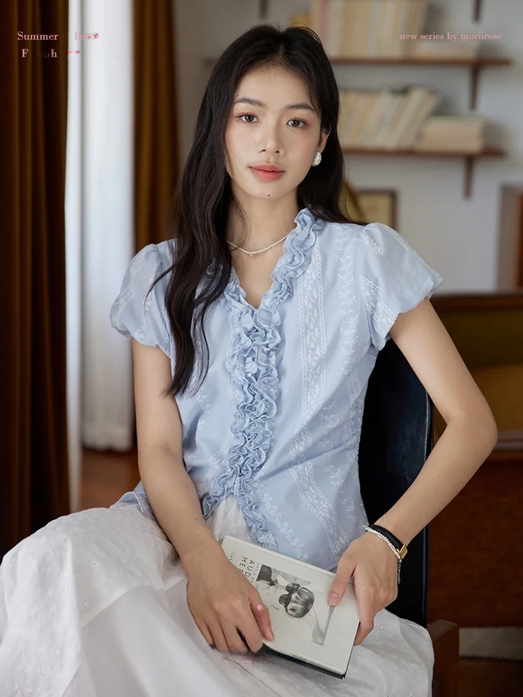 

Женская летняя приталенная винтажная блузка Moriirose с синим цветочным принтом, хлопковая, с V-образным вырезом, коротким рукавом-фонариком, повседневная