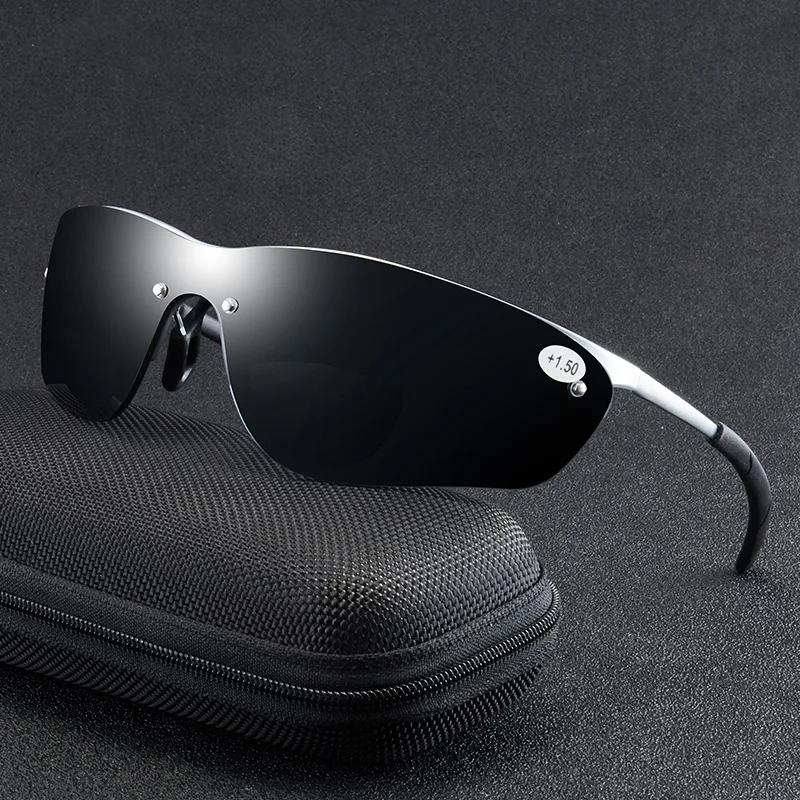Rimless Bifocal Sunglasses for Men +1.0~+3.0 Diopter UV400 Sports Reading Glasses Outdoor Driving Fishing Anti-Glare Sun Readers