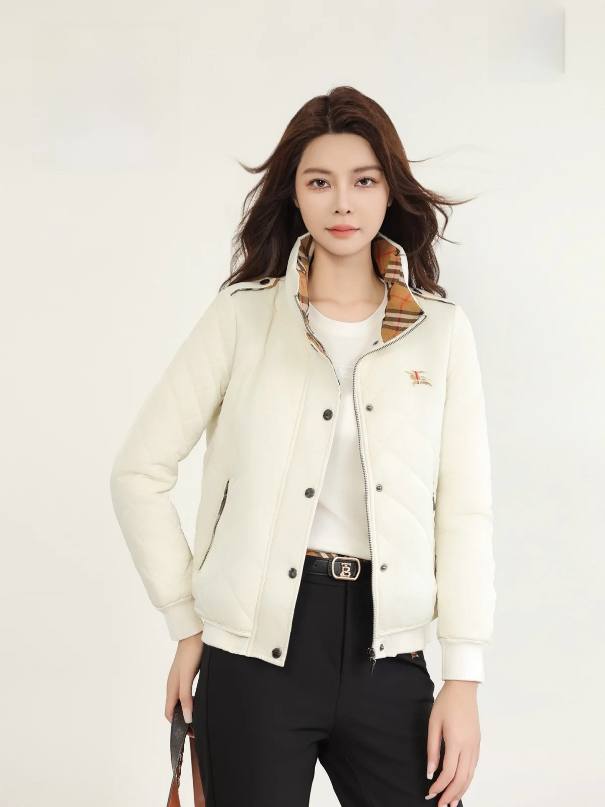 

Winter New Sle Briti Faion Women's High End Cotton Jaet Diamond Patterned Warm Faionable Striped Stand Collar Coat