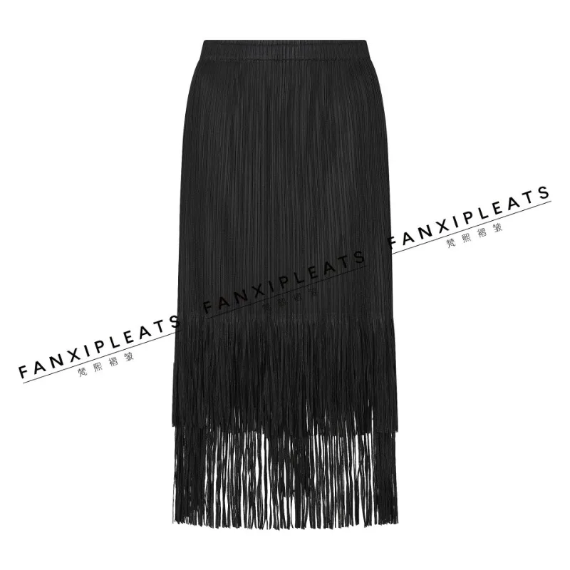 GGHK Pleated Women Elegant Skirt 2025 Spring Fall New Solid Color High Waist Double Layer Tassel Design Loose Large Size Skirt