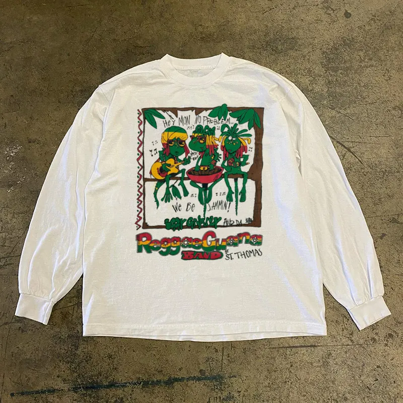 Heavyweight 300g Pure Cotton Long Sleeve T-Shirt Reggae Band Anime Style Oldschool Men's Ethnic Clothing Spring Summer 2024