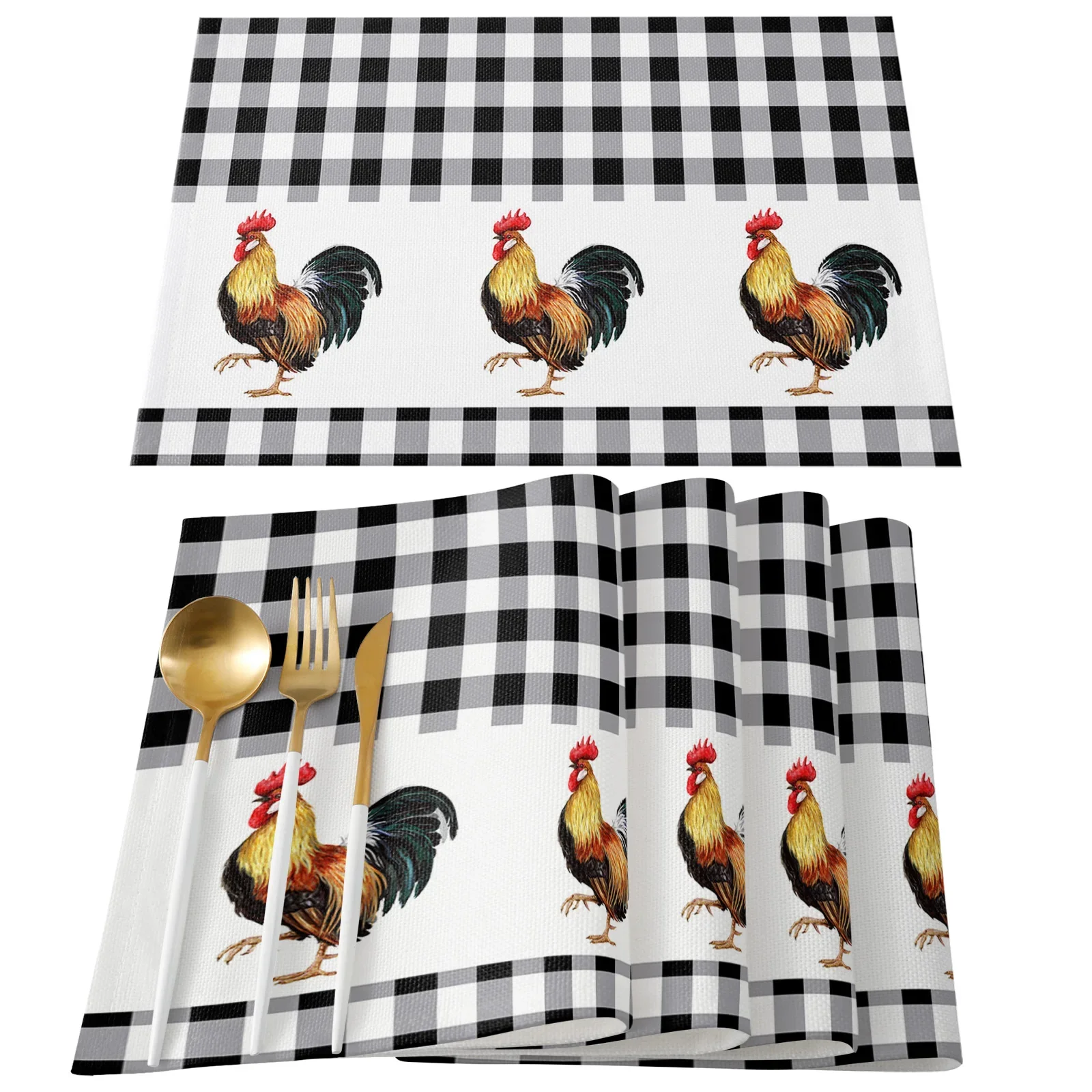 Farm Rooster Black And White Plaid Table Mat Wedding Holiday Party Dining Table Placemat Kitchen Accessories Table Napkin