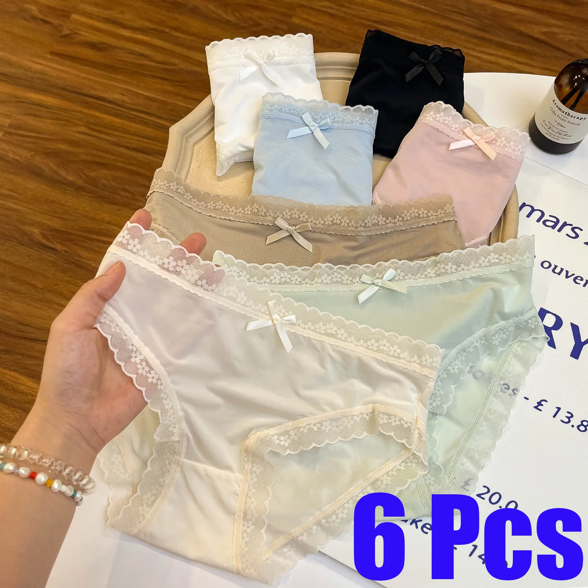 6 Pcs Women Low Waist Panties Panties Sexy Lingerie Lace Quick Drying Briefs Female Seamless Underwear Solid Color Underpants