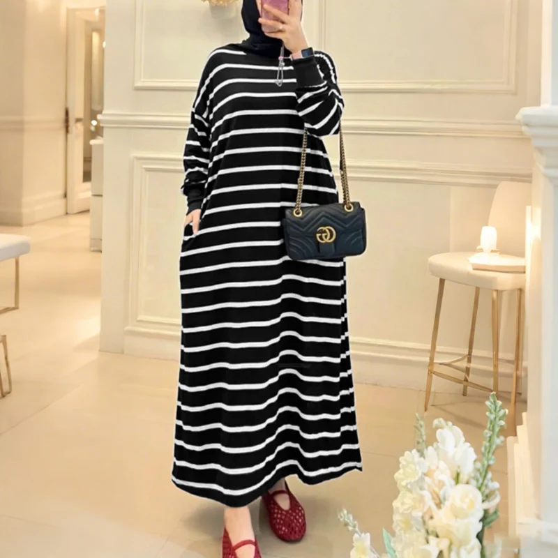 

Fashion Muslim Abaya ZANZEA Women Spring Maxi Long Dress O Neck Long Sleeve Striped Sundress Islamic Robe Kaftan Hijab Vestidos