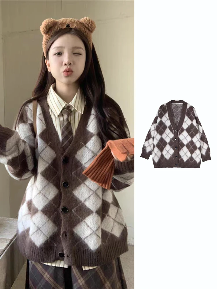 

Retro Plaid V-Ne Long Sve Knitted Soft Sweater Coat Women's Loose Open Cardigan Top for Autumn Winter New Arrival