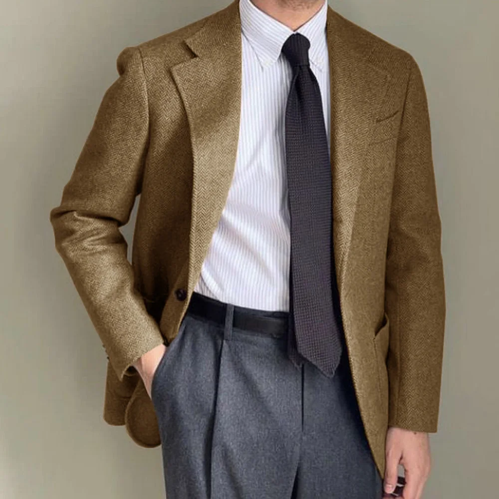 Mens Suit Jacket Wool Blend Single Breasted Business Blazer Casual Fashion Jacket Slim Fit Comfortable Herringbone Elegant Mens