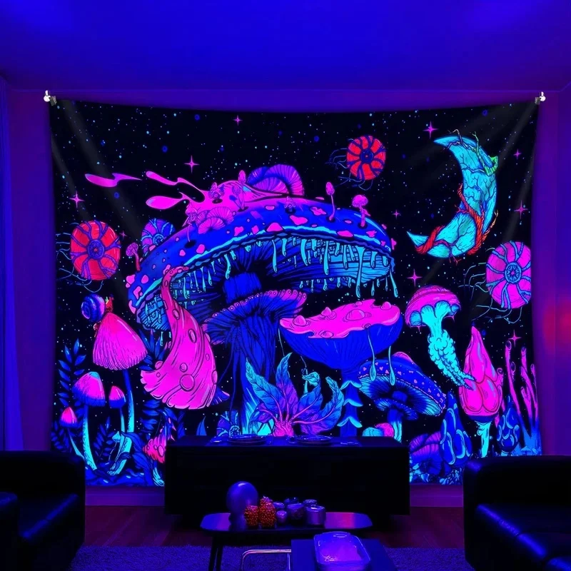 VIKAMA UV Reactive Mushroom Tapestry Wall Hanging Trippy Neon Mushrooms Star Moon Fantasy Aesthetic Blacklight Wall Decor