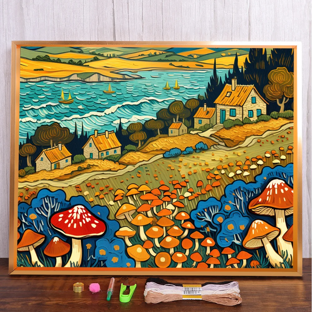 Seaside Scenery Printed Fabric Cross Stitch Embroidery Kit Painting Handicraft Craft Handmade Mulina Jewelry Different