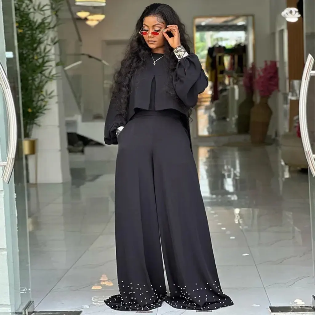 

Женский комплект из топа с круглым вырезом и широких брюк на весну и лето, мода в европейском и американском стиле