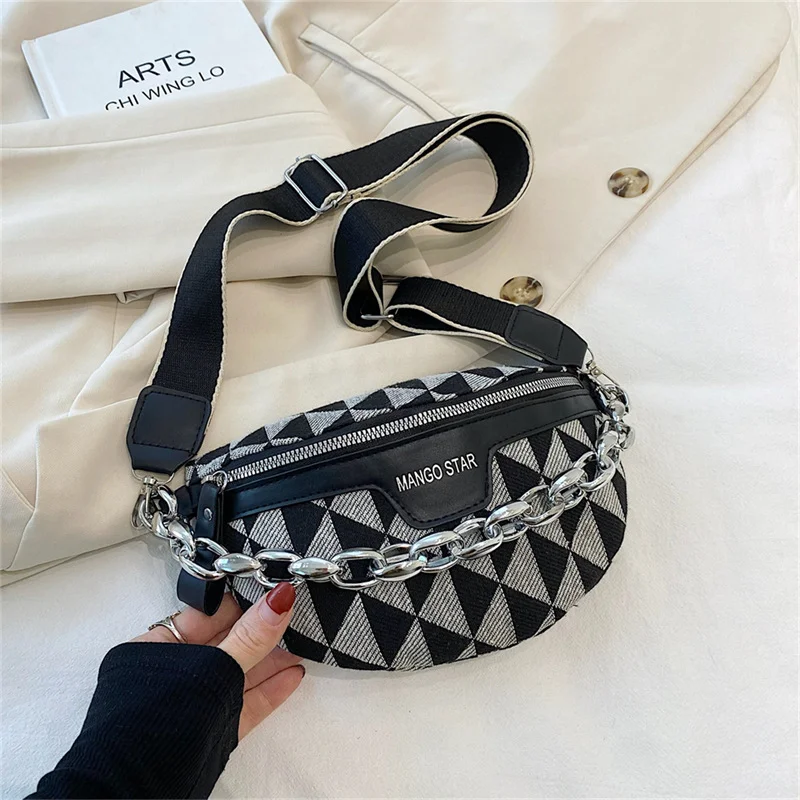 

Luxury Diamond Lattice Canvas Chain Fanny Packs For Women Stylish Waist Bag Female Trendy Waist Pack Ladies Crossbody Chest Bag