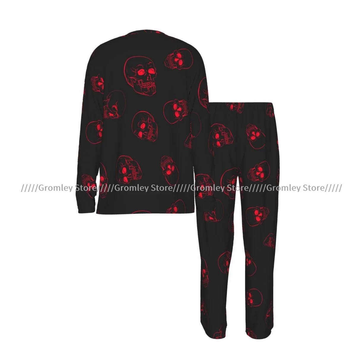 Men's Long Sleeve Long Pants Pajama Set Red Skulls Pattern Casual Loungewear and Sleepwear for Home