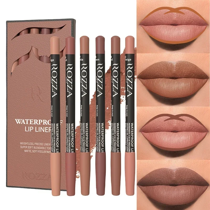 6 ชิ้น Lip Liner ตั้งสีนู้ดกันน้ํา Long-Lasting Matte FINISH, ติดง่าย & Smudge-Proof เหมาะสําหรับทุกสภาพผิว