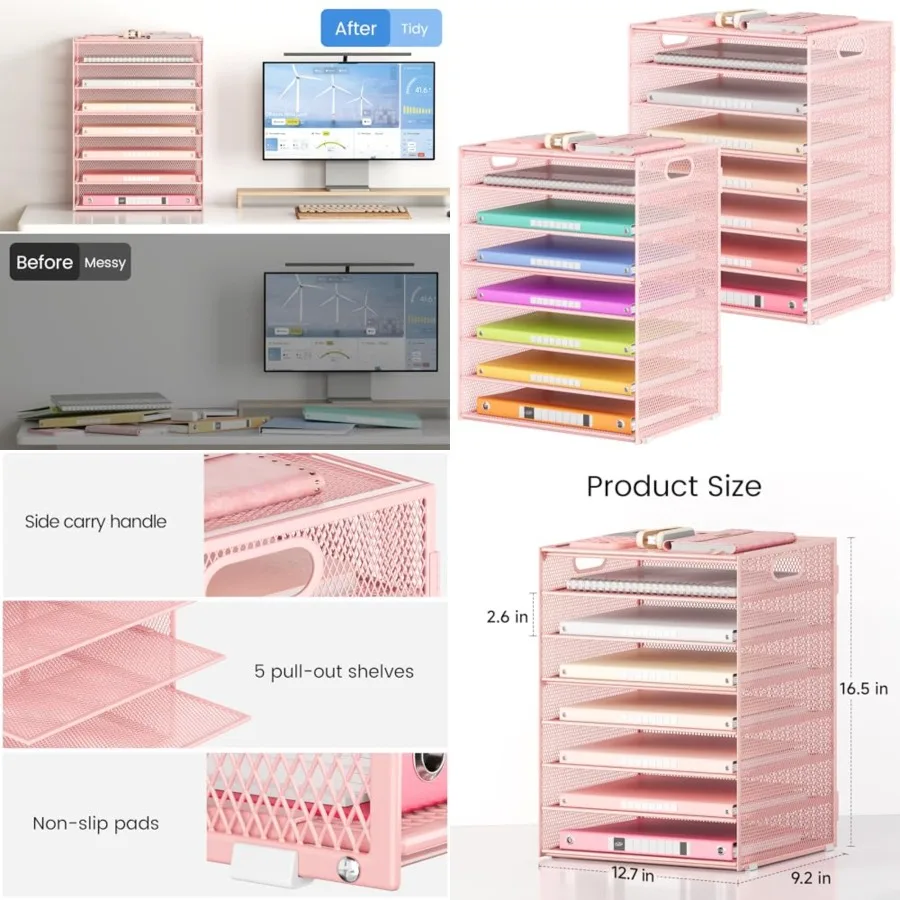 

Office Desk File Organizer, Letter Tray Paper Organizer with Handle, Including 5 Adjustable Slide Trays for Organizing Desk Wor