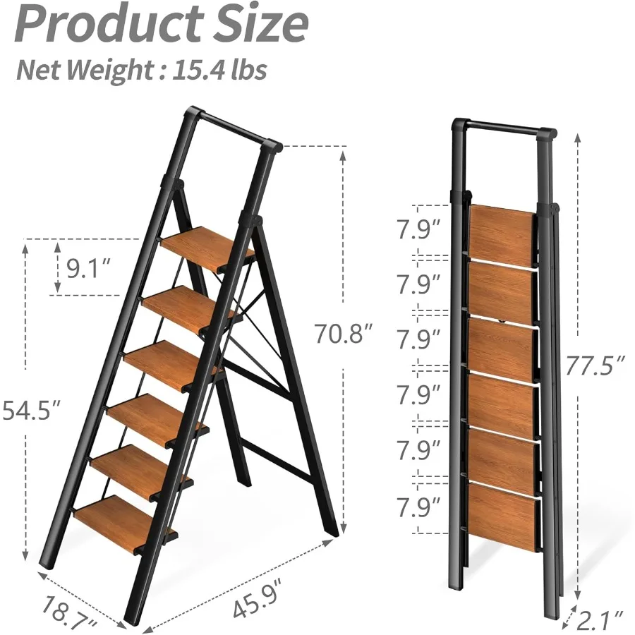 سلم ألومنيوم قابل للطي بـ 6 خطوات مع دواسات واسعة مضادة للانزلاق ومقبض مريح للاستخدام المنزلي والمكتب والمكتبة خفيف الوزن D #2