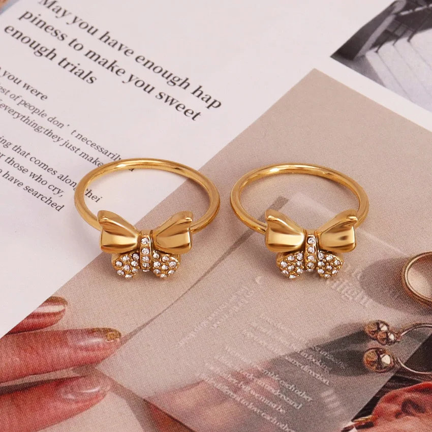 여성용 금도금 빛나는 라인석 활 반지, 스테인레스 스틸 지르콘 CZ 나비 매듭, 손가락 반지, 수 주얼리, 발렌타인 선물, 패션
