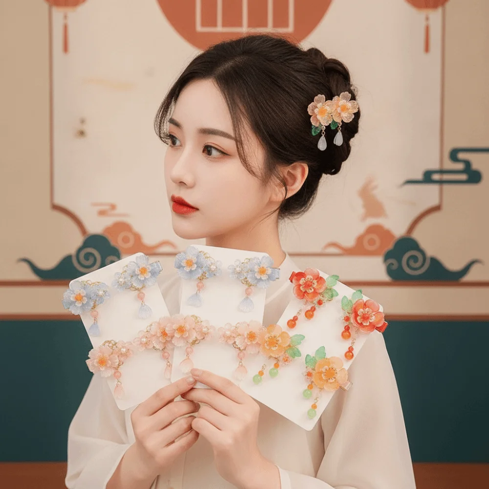 Chinese Jewelry Vintage Hanfu Headwear Cute Floral Tassel Hair Clips Handmade Fringe Flower Hairpins Festival