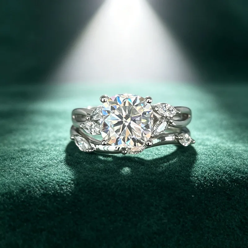 2.5ct 8*8mm cushion cut Moissanite two-piece ring set light luxury style S925 Silver vine couple ring  women's jewelry