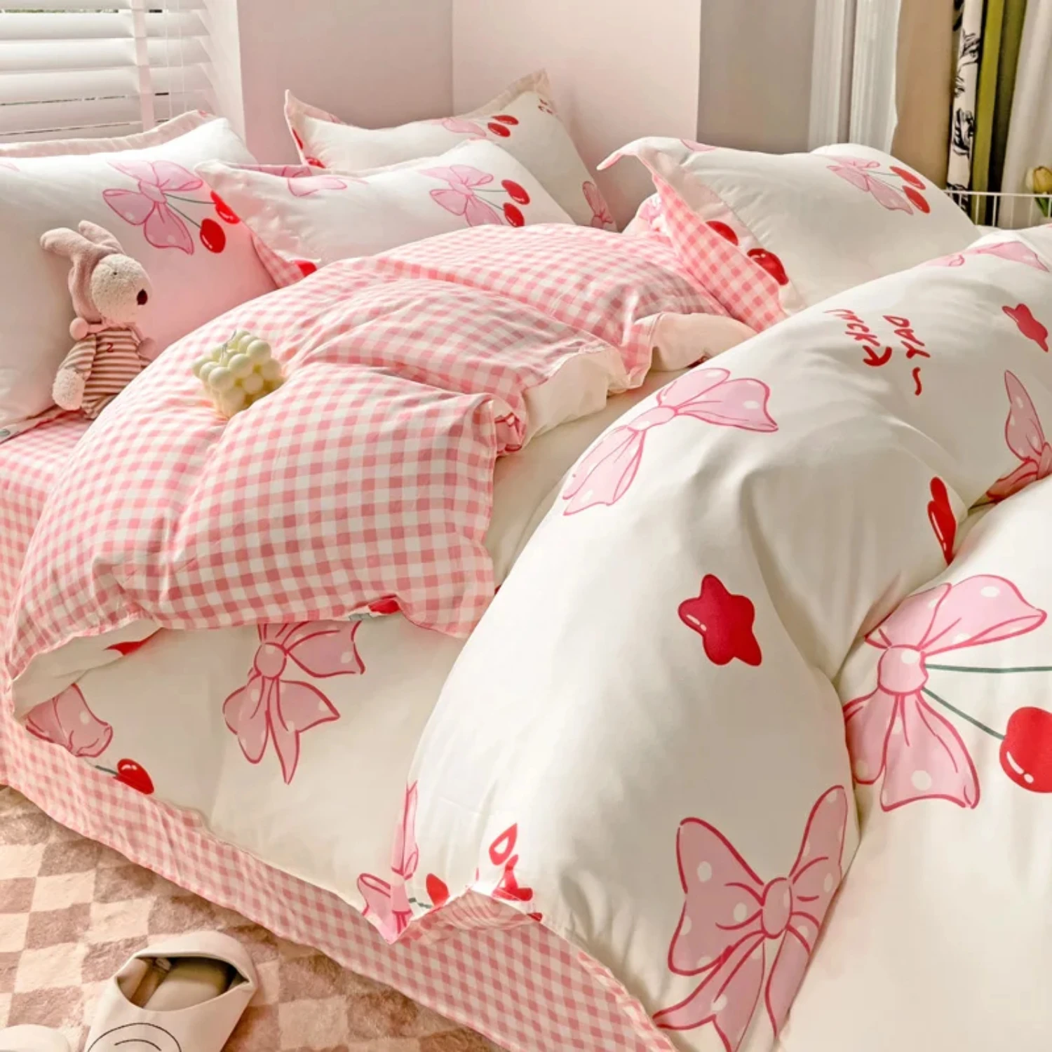 Princess Style Bedding Set Twin Queen Full Size Duvet Cover Bed Flat Sheet Pillowcase  Adult Girls Pink Bow Knot Bed Linen