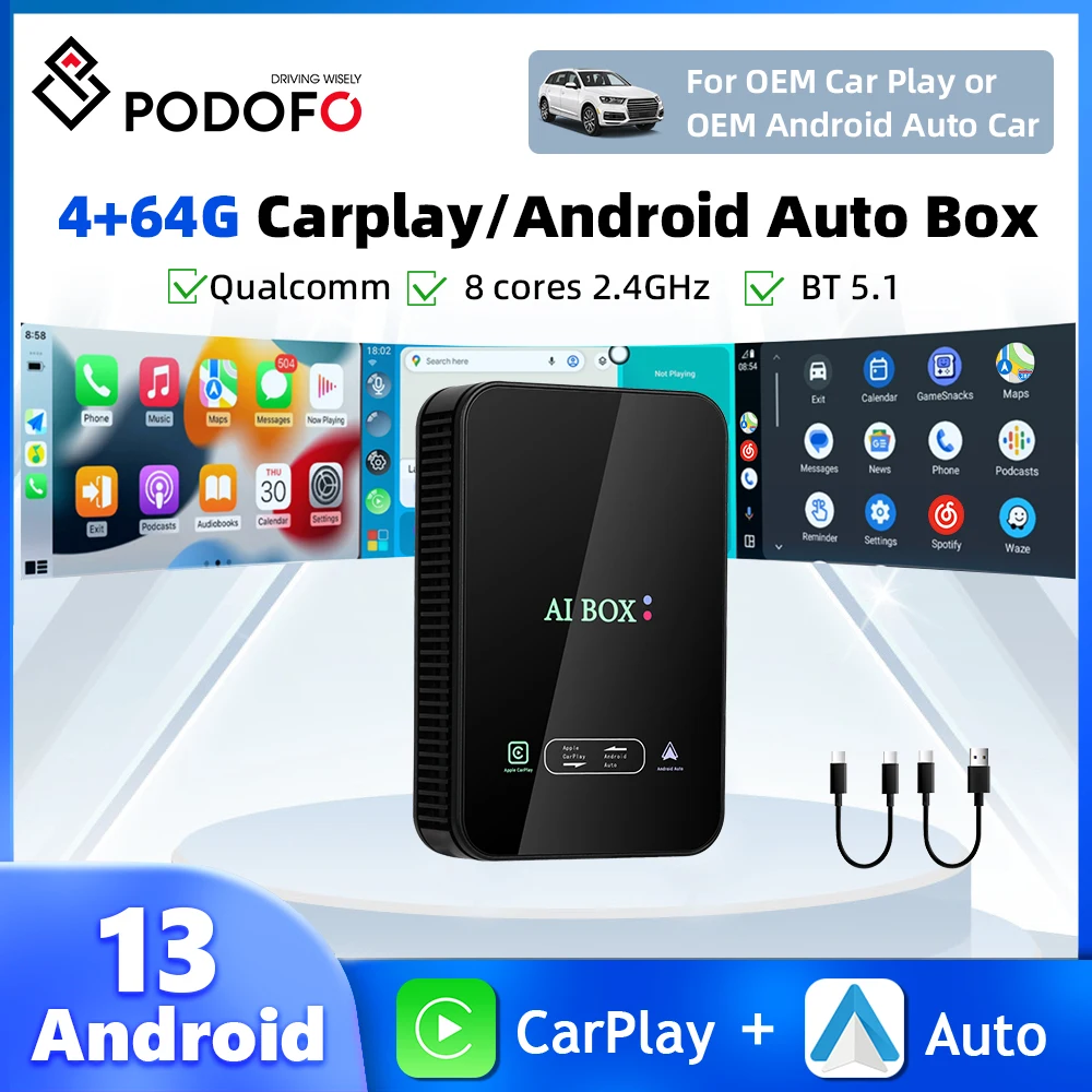 

Podofo 4+64G Android 13 Carplay AI Box HDMI Input Wireless Carplay Android Auto Box 8Core 2.4GHz WIFI Bluetooth GPS Carplay Box