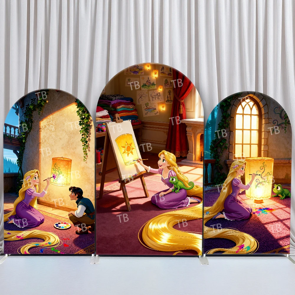 

Disney Rapunzel Arch Backdrop Cover Birthday & Baby Shower Lantern Painting Room Theme Kids Party Photo Booth Decor