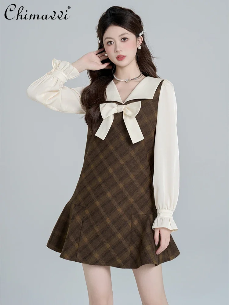 

French Sweet Preppy Style Bow V-neck Flare Long Sleeve High Waist Slim Ruffle Khaki Plaid Fake 2 Piece Short Dress Women Autumn