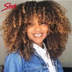 Sleek T1b/30 Afro Kinky Curly Human Hair Bob Wigs Brazilian Highlight P4/27 Remy Hair With Bang 250% Density Brown 6# Human Hair