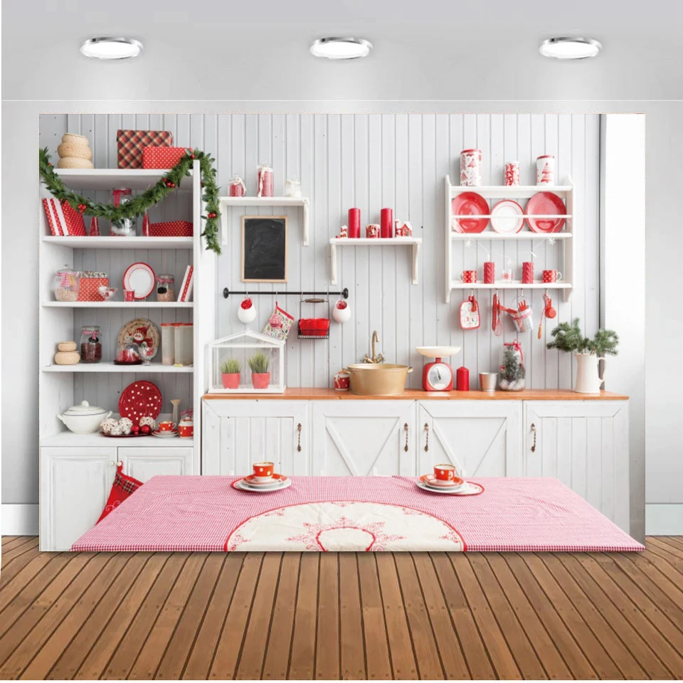 

Christmas Kitchen Theme Party Backdrops For Photography Xmas Tree Gift Cupboard Dining Room Decor Family Party Photo Background