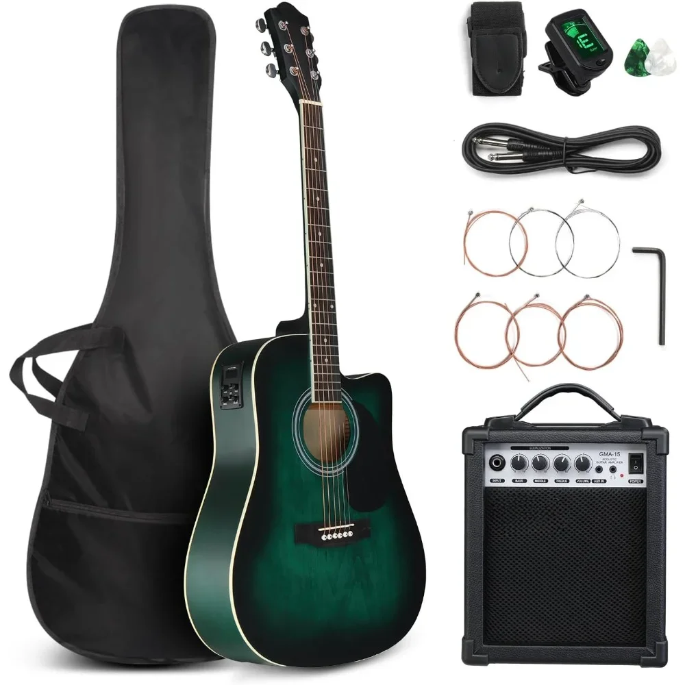 

Full Size 6 Strings Acoustic Electric Guitar Beginner Kit w/ 15W Amp,w/Inbuilt Tuner, Bag, Strap, Picks, Strings