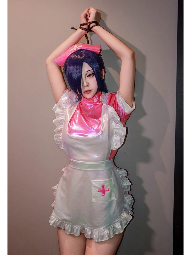 

Pink Nurse Cosplay Costumes Illusionary Nurse Uniform Painted Leather Dress Cyberpunk Dress Sexy Maid Dress Women Anime Clothes