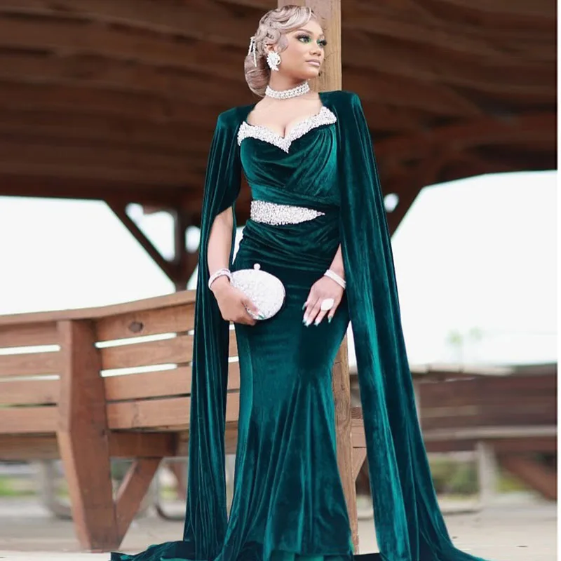 

Glitter Green Prom Dresses With Cape 2025 Beads Mermaid Party Dress Long Celebrity Evening Gowns Customized