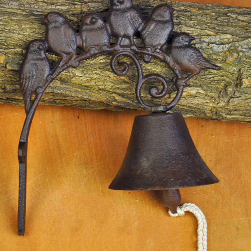 Solid Iron Vintage Wall Mounted Bell Featuring Bird Motif Long Rope Handle Pre Drilled Holes for Easy Mounting Decorative