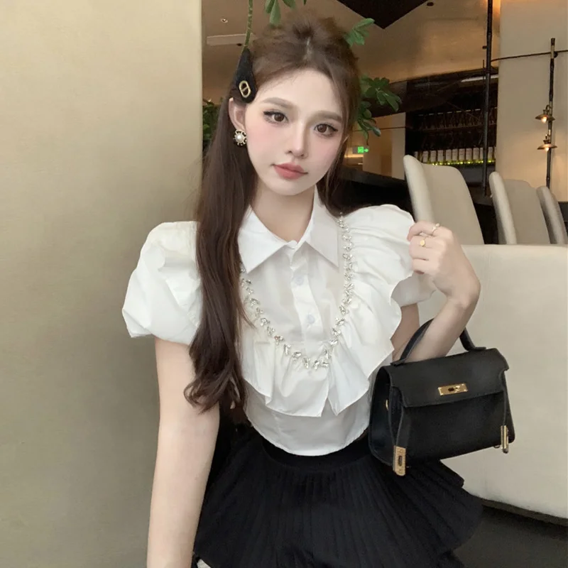 

2026 Summer Women Tops Turndown Collar Ruffle Pleated Shirt Short Design French Style Butterfly Sleeve White Blouse