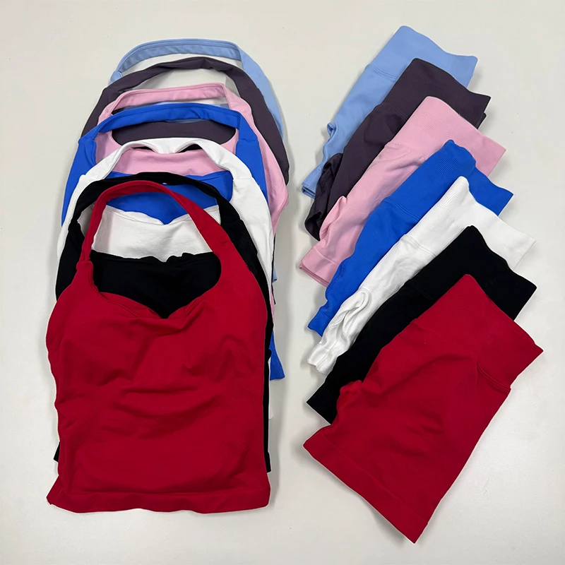 

2Pcs Impact Shorts Set Seamless Yoga Set Workout Scrunch Shorts Sets Halter Sports Bra Scrunch Shorts Fitness Clothes Gym Suit