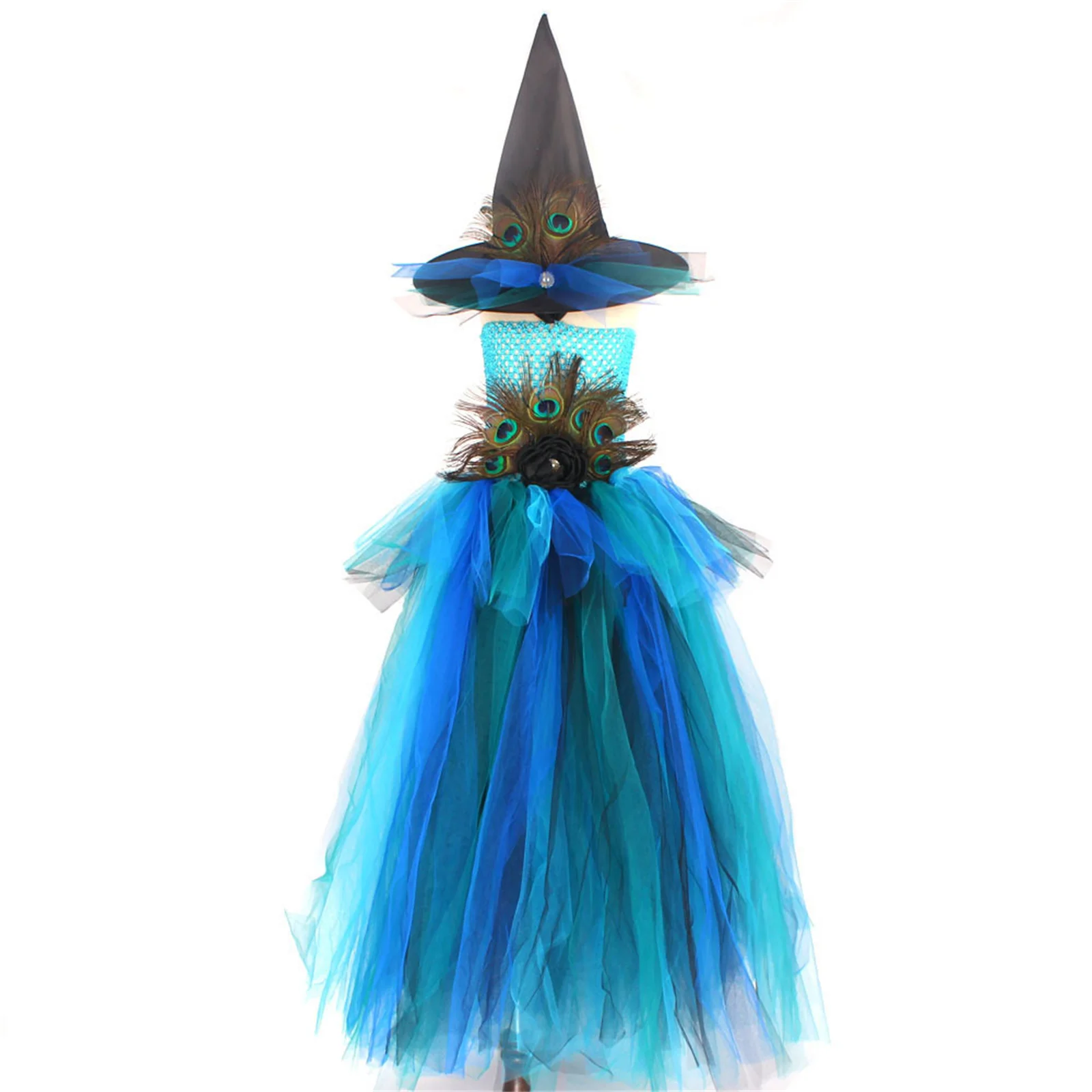 Kids Girls' Peacock Feather Dress Model Catwalk Performance Tail Dress Festival Mesh Cosmetic Costume with Hat