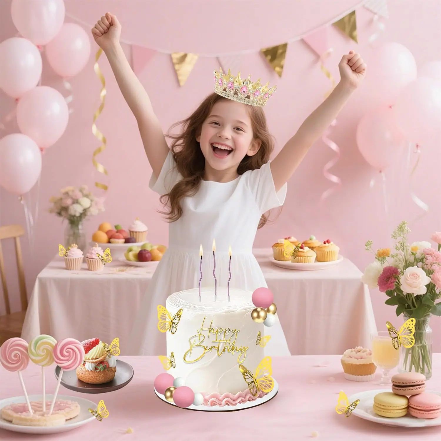 Kronen-Kuchenaufsatz, Kugeln, alles Gute zum Geburtstag, Kuchenaufsätze mit Kerzen, goldene Schmetterlinge, Kuchendekorationen für Hochzeit, Babyparty, Party – Detail 22