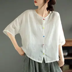 Women Summer Simplicity Loose Temperament Solid Color O-neck Short Sleeve Shirts Women Clothes Casual All-match Appear Thin Tops