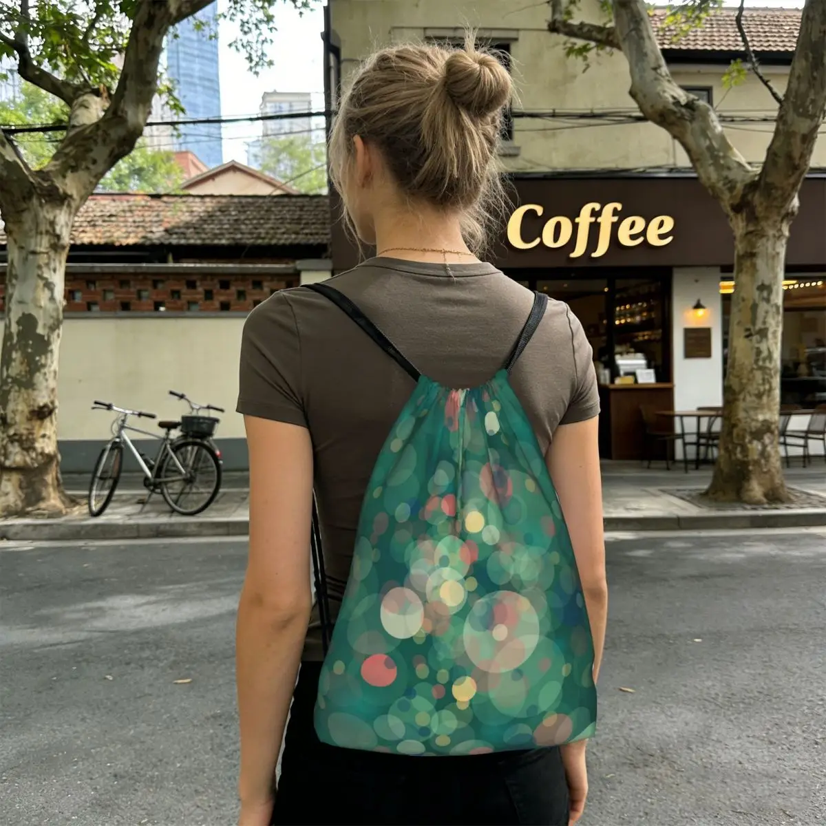 Green And Multicolor Bubble Print Backpacks Casual Drawstring Bundle Pocket Sports Bag Book Bags for Travel Students