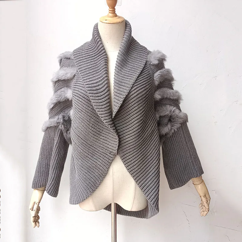 Long Sleeve Real Rabbit Fur Knitted Jacket Women Autumn Casual Loose Genuine Fur Coat Outwear Female Cardigans