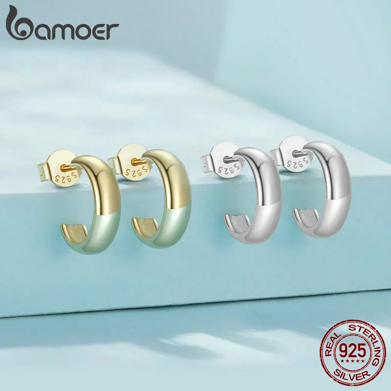 BAMOER 925 Sterling Silver Thick Huggie Earrings - Small Round Hoop Earrings in White Gold and White Gold Color SCE1669