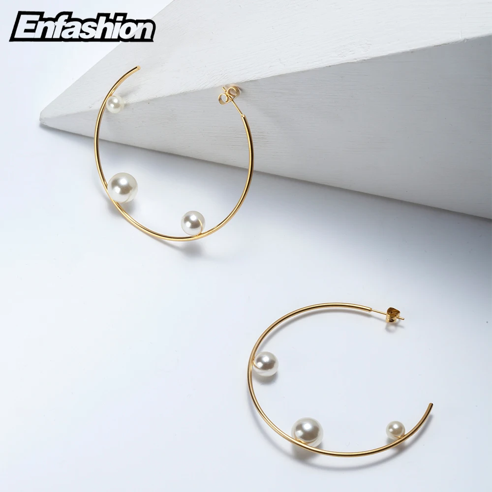 Enfashion Jewelry Geometric Pearl Line Hoop Earrings Gold color Stainless Steel Circle Earrings For Women Earings EEF1014