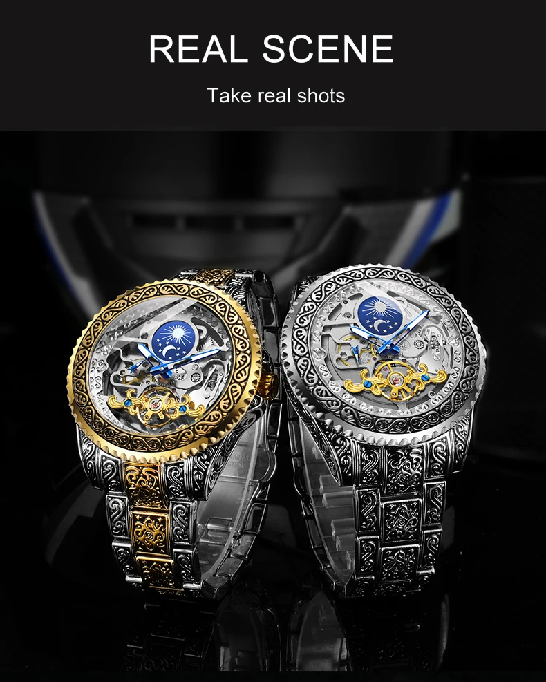 FORSINING ヴィンテージ彫刻メンズ腕時計ムーンフェイズ自動スケルトン機械式発光高級ステンレス鋼ファッション腕時計