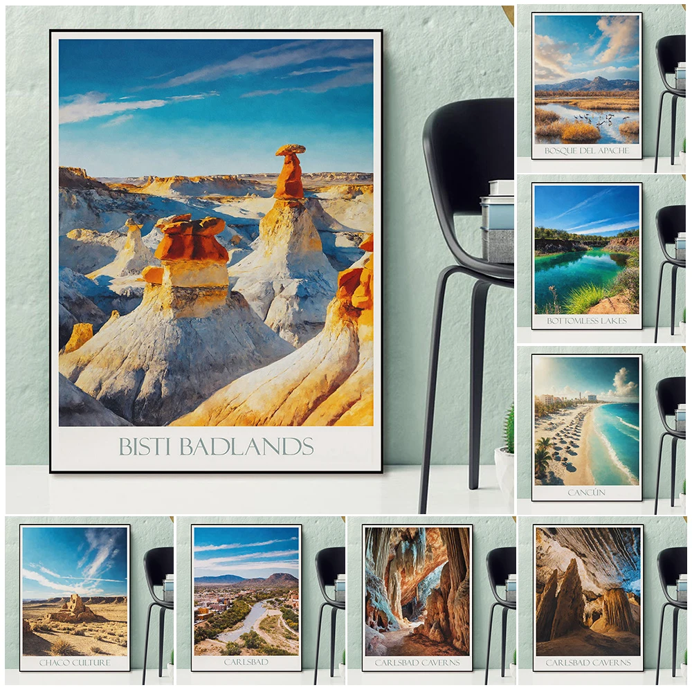 

New Mexico Travel Poster Painted Wall Art,Carlsbad,Cancun,Bandelier,Bisti Badlands,Art Canvas Painting Home Decoration Unframed